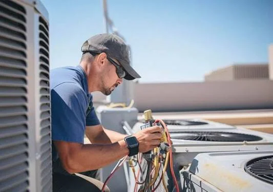 HVAC technician checking refrigerant lines on rooftop equipment